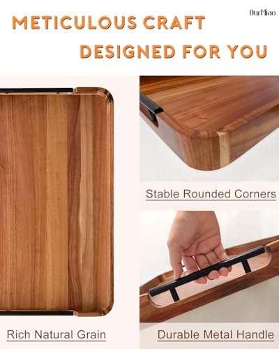 OurMiao 22 x 15.7 Inches Acacia Wood Serving Tray with Metal Handles, Large Rectangular Ottoman Tray with Rounded Corner, Great for Living Room, Coffee Table, Kitchen, Serving Food & Hosting