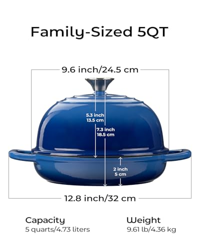 Armorbear Dutch Oven for Bread Baking-5QT Cast Iron Sourdough Dutch Oven Pot with Lid, Enameled Round Cast Iron Bread Pot with Dome Lid for Homemade, Gifts for Sourdough Bakers, Blue