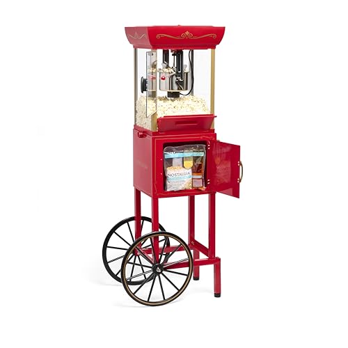 Nostalgia Popcorn Maker Machine - Vintage Theater Style Popcorn Cart With 2.5oz Stainless Steel Kettle, Makes Up To 10 Cups Easily - Bring Home the Fun with Theater Style Popcorn Machine- Red
