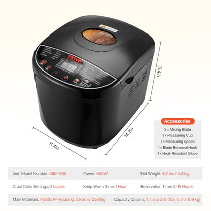 VEVOR Bread Maker, 19-in-1 2LB Dough Machine, Nonstick Ceramic Pan Automatic Breadmaker with Gluten Free Setting, Whole Wheat Bread Making, Digital, Programmable, 3 Loaf Sizes, 3 Crust Colors