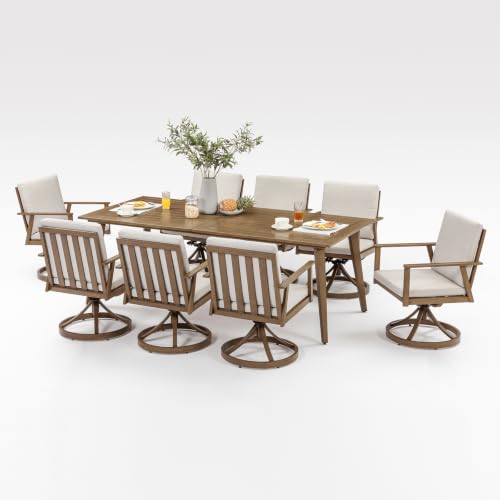 SEEHILL 9 Pieces Outdoor Dining Set, Aluminum Patio Swivel Dining Set, Teak