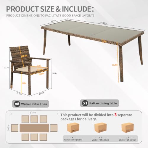 Rattaner Brown Wicker Patio Dining Set for 6 Outdoor Dining Glass Table and Chairs 7 Pieces with Waterproof Cover and Cushions, Khaki