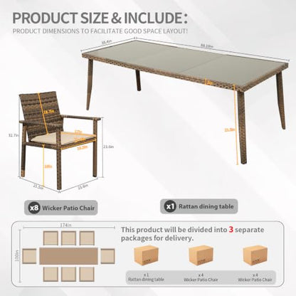 Rattaner Brown Wicker Patio Dining Set for 6 Outdoor Dining Glass Table and Chairs 7 Pieces with Waterproof Cover and Cushions, Khaki