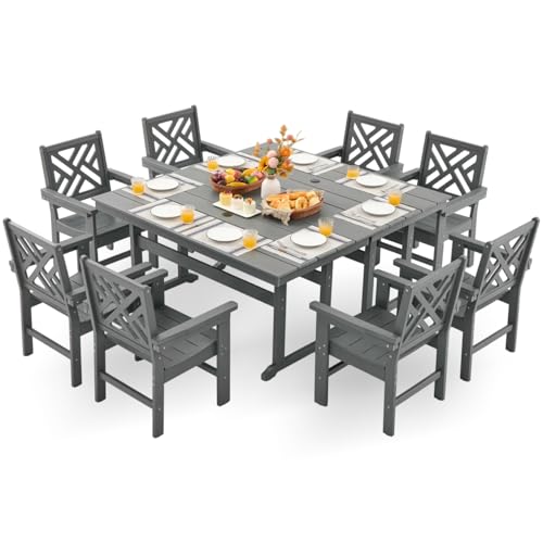 AZXZCS HDPE Outdoor Dining Set,10-Piece Outdoor Table and Chairs Include 8 Dining Chairs and 2 Pcs 62.5" Patio Dining Table with Umbrella Hole (Gray)