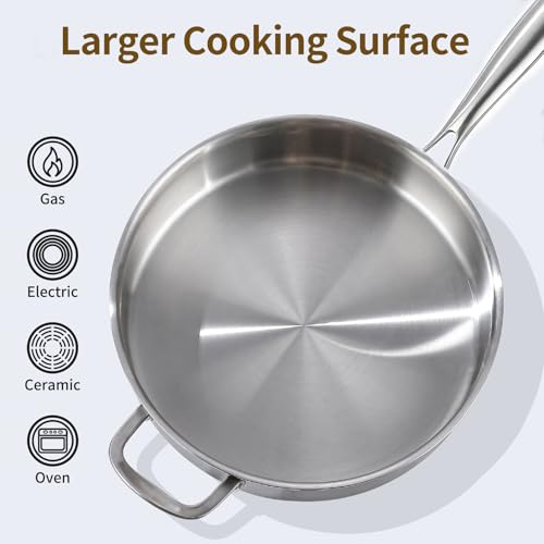 DELARLO 7QT Saute Pan Jumbo Cooker 5 Ply Stainless Steel Pan, 12Inch Deep Frying Pan with Steel cover, Kitchen Large Skillet,Heavy Duty Style Compatible With All Cooktops Up to 650℉