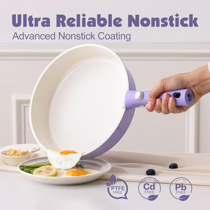 SENSARTE 17 Piece Ceramic Pots and Pans Set, Nonstick Detachable Handle Cookware, Induction Kitchen Cookware Set with Removable Handle, Dishwasher ＆ Oven Safe (Purple)