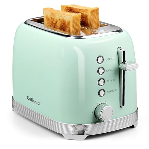 Culinaid Toaster 2 Slice Retro Stainless Steel with 1.5” Extra Wide Slots Bagel, Defrost, Reheat, Cancel Functions, 6 Bread Shade Settings, Removable Crumb Tray, Aqua Green