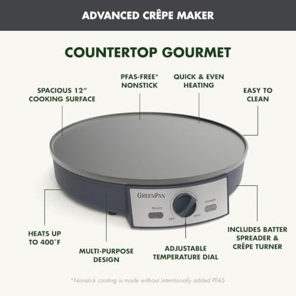 GreenPan Advanced 12" Crepe Maker, Ceramic Nonstick PFAS-Free Coating, Adjustable Temperature Control, 400°F Heating, Batter Spreader & Crepe Turner Included, Graphite
