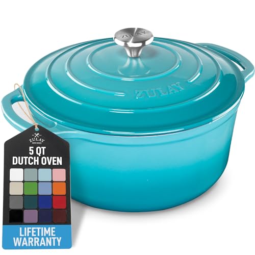 Zulay Kitchen 5 Quart Enameled Cast Iron Dutch Oven Pot with Lid – Premium Durability & Oven Safe up to 500°F – Heavy Duty Cookware Perfect for Bread Baking, Stews, Braising & Roasting – Light Blue