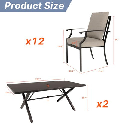 Gotland 14 Piece Outdoor Dining Set, Metal Outdoor Table and Chairs with X-Shaped Legs 1.5" Umbrella Hole, Patio Furniture Set with Waterproof Cushions, Patio Dining Sets for Backyard Deck Khaki