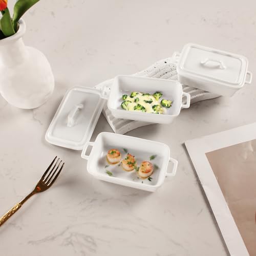 jinsongdafa Ceramic Mini Rectangular Cocotte Set, 2.37 Ounces Small Casserole Dishes with Lids and Handles Set of 4, Individual Baking Ramekins, Oven, Microwave & Dishwasher Safe (White, 6.1 Inch)