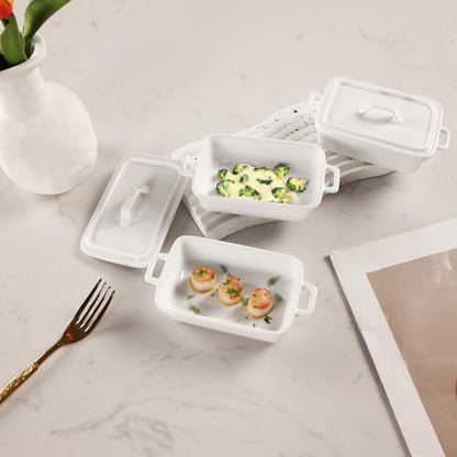 jinsongdafa Ceramic Mini Rectangular Cocotte Set, 2.37 Ounces Small Casserole Dishes with Lids and Handles Set of 4, Individual Baking Ramekins, Oven, Microwave & Dishwasher Safe (White, 6.1 Inch)