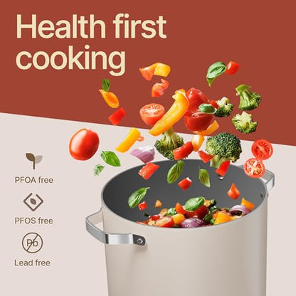 Bakken 16 Quart Ceramic Coated Stock Pot with Lid, Easy Clean Nonstick Pot, Tempered Glass Lid, Riveted Stainless Steel Handles, Oven Safe Up To 500°F, PTFE & PFAS Free, All Stove Compatible, Cream