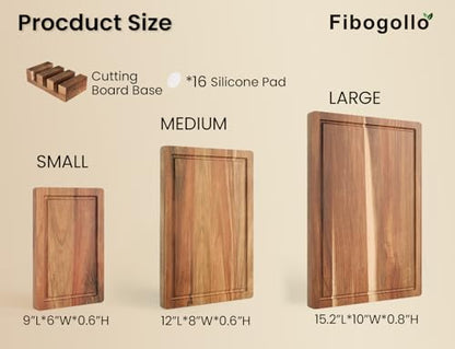 Fibogollo Acacia Wood Cutting Boards for Kitchen(Set of 3),Wooden Chopping Boards Set with Juice Groove,Serving Board with Holder,Butcher Block for Meat,Vegetables,Fruit