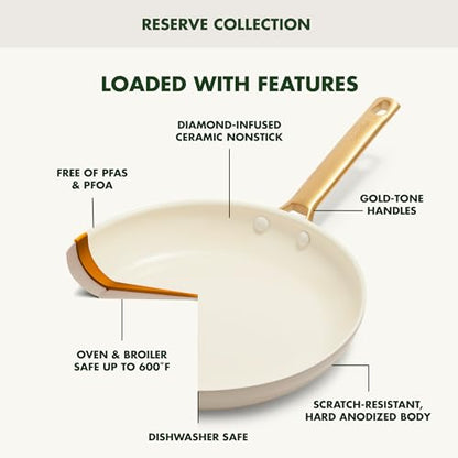 GreenPan Hard Anodized Healthy Ceramic Nonstick 10 Piece Cookware Pots and Pans Set, Gold-Tone Stainless Steel Handles, PFAS & PFOA-Free, Dishwasher Safe, Oven & Broiler Safe, Cream White