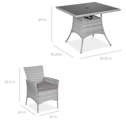 Best Choice Products 5-Piece Indoor Outdoor Wicker Dining Set Furniture for Patio, Backyard w/Square Glass Tabletop, Umbrella Cutout, 4 Chairs - Gray