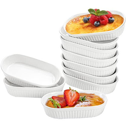 Foraineam 10 Pack White Ramekins, Porcelain Souffle Dishes, Oval Crème Brulée Ramekins for Baking, 6 Ounce Dessert Bowls Set for Soufflé, Pudding, Quiche, Snack, Custard, Dishwasher and Oven Safe