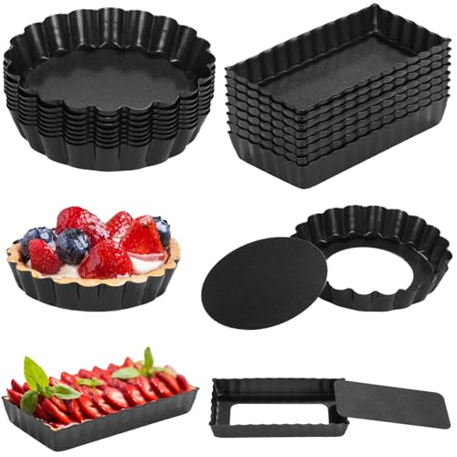 Mini Tart Pans With Removable Bottom Nonstick Quiche Pan, 8Pieces Round and 8Pieces Rectangle Pie Pans, 4 Inches Carbon Steel Mini Pie Pans, Fluted Side Dessert Baking Mold Set for Egg Tarts