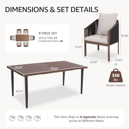 7 Pcs Outdoor Dining Set for 6, Cushioned Chairs & Table with Umbrella Hole
