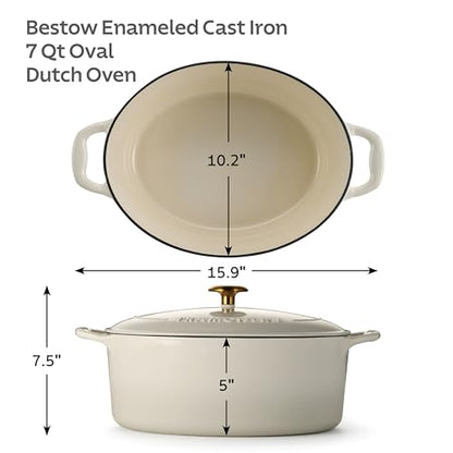 Tramontina Bestow Enameled Cast Iron Oval Dutch Oven Pot with Lid, Large 7-quart, Latte (Gold Knob)