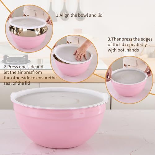 Moxinox Pink Mixing Bowls with Airtight Lids, Stainless Steel Nesting Mixing Bowls Set of 7, Ideal for Baking, Prepping and Serving Food, Size 7, 3.6, 2.7, 2.1, 1.5, 1.1,0.8 QT, Stackable Design