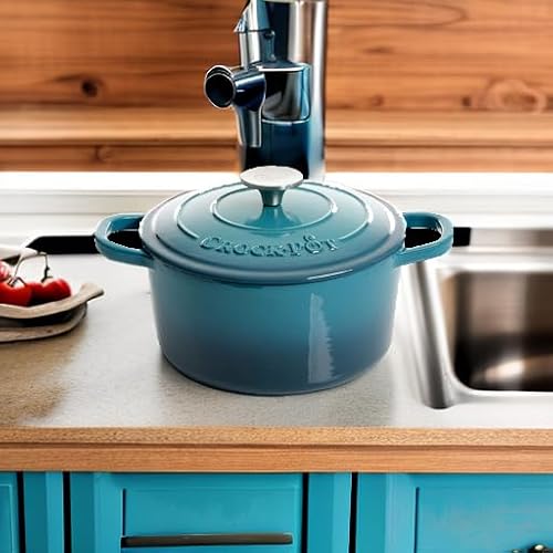 Crock-Pot Artisan 3-Quart Round Enameled Cast Iron Dutch Oven – Gradient Teal, Durable Heavy-Duty Cookware for Slow Cooking, Roasting, Baking with Lid