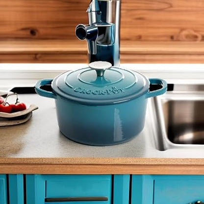 Crock-Pot Artisan 3-Quart Round Enameled Cast Iron Dutch Oven – Gradient Teal, Durable Heavy-Duty Cookware for Slow Cooking, Roasting, Baking with Lid