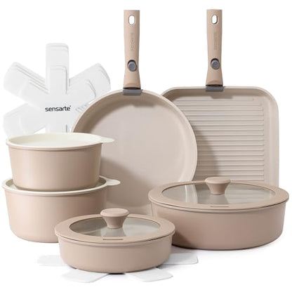SENSARTE 17 Piece Ceramic Pots and Pans Set, Nonstick Detachable Handle Cookware, Induction Kitchen Cookware Set with Removable Handle, Dishwasher ＆ Oven Safe (Almond Beige)