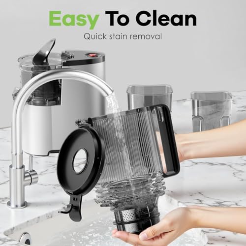 EanOruus Cold Press Juicer, 5.8" Wide Feed Chute Juice Extractor Machine with 400W, High Juice Yield, Slow Masticating Juicer for Whole Vegetables & Fruits, Silver