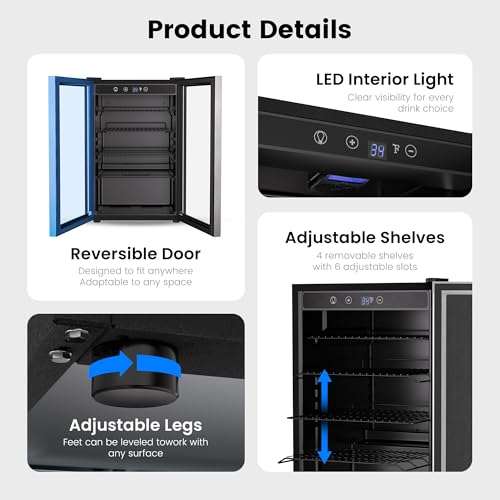 Feelfunn 4.5 Cu.Ft Beverage Refrigerator Cooler - 145 Can Mini Fridge Glass Door for Soda Beer Wine, Small Refrigerator for Bedroom Office Home Bar, 4 Adjustable Shelves, Silver