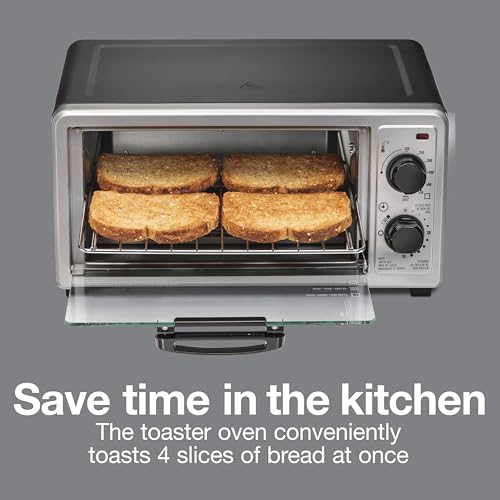 Proctor Silex 4 Slice Countertop Toaster Oven, Multi-Function with Bake, Toast and Broiler, 1100 Watts, 30 min timer and auto-shutoff, Includes Backing Pan and Rack, Black and Silver (31260)