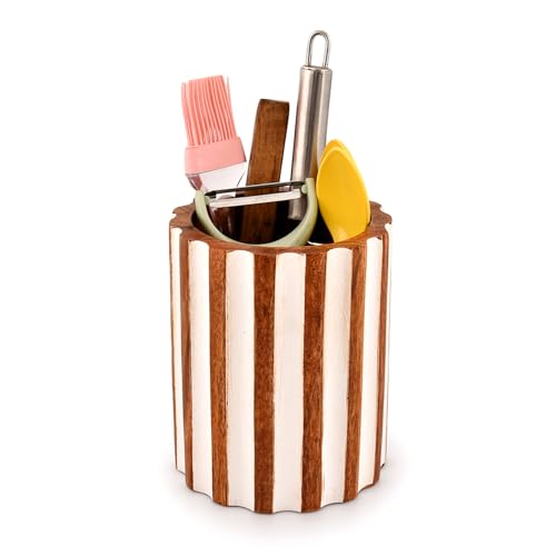 Mahasu Utensil Holder Mango Wood Utensil Holder for Kitchen Counter, for Countertop, Spoons, Cooking Tools, etc (5" x 5" x 6")
