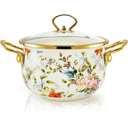 SOUJOY 2.8 Quart Enamel Stockpot with Glass Lid, Vintage Floral Soup Pot, Non-Stick Bean Stew Simmer Pot with Handle for Kitchen, Induction & Gas Stove Safe, Mother's Day, Wedding, Christmas Gift