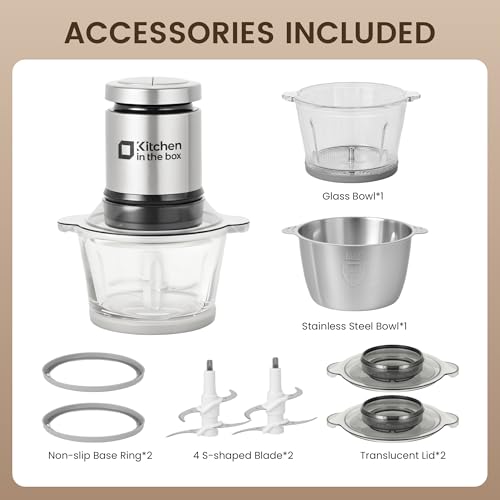 Kitchen in the box Food Processor, Electric Meat Grinder & Food Chopper with 400W Powerful Veggie Chopper-2 Bowls（8 Cup+8 Cup） & 2 Bi-Level Blades for Meat/Fish/Vegetable/Baby Food（Black Button）