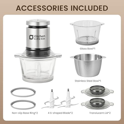 Kitchen in the box Food Processor, Electric Meat Grinder & Food Chopper with 400W Powerful Veggie Chopper-2 Bowls（8 Cup+8 Cup） & 2 Bi-Level Blades for Meat/Fish/Vegetable/Baby Food（Black Button）