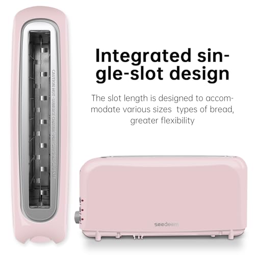 SEEDEEM 2 Slice Slim Toaster, Single 10" Long Slot Toaster Fits Bagels & Artisan Bread, 6 Shade Settings, Cancel/Reheat/Defrost, Removable Crumb Tray, Auto Shut-Off, Pink