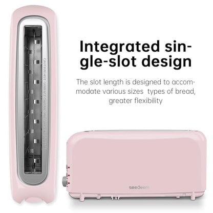 SEEDEEM 2 Slice Slim Toaster, Single 10" Long Slot Toaster Fits Bagels & Artisan Bread, 6 Shade Settings, Cancel/Reheat/Defrost, Removable Crumb Tray, Auto Shut-Off, Pink