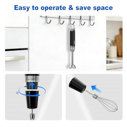 Cordless Immersion Hand Blender with Charging, 4 in 1 Hand Blenders Set,6-Speed Turbo, Wall-Mountable Design, Includes Chopper, Whisk & Frother for Soup, Baby Food & Smoothies (Black)
