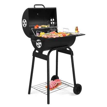 VINGLI Barrel Charcoal Grill with Side Table, BBQ Grill Outdoor Smoker Grill with Wheels for Party Garden Patio and Backyard Cooking 33.9"D x 20.5"W x 40.6"H