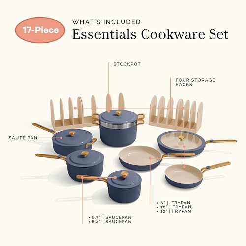 Our Place 17-Piece Essentials Complete Cookware Set - Ceramic Fry Pans, Saucepans, Sauté Pan, Stock Pot, Strainer Basket & Modular Storage | Thermakind™ Nonstick, Oven Safe up to 450°F | Blue Salt
