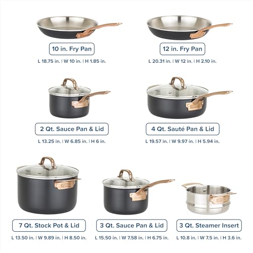 Viking 3 Ply Pots and Pans Set, 11 Piece Stainless Steel Kitchen Cookware with Glass Lids, Black with Copper