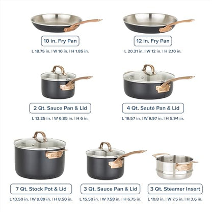 Viking 3 Ply Pots and Pans Set, 11 Piece Stainless Steel Kitchen Cookware with Glass Lids, Black with Copper
