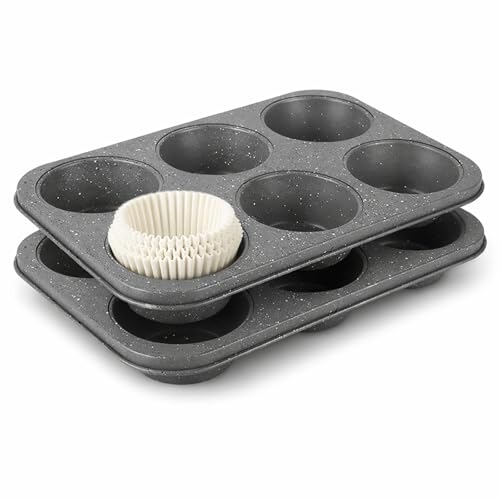 Barlket 2 Pack Jumbo Muffin Pan, 6 Cup Large Cupcake Pan with Speckled Granite Coating and Paper Liners, Professional Nonstick Carbon Steel Muffin Tin for Baking Muffins Frittatas Cupcakes, Grey