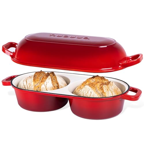 Dutch Oven For Sourdough Bread Baking – Enamelled Cast Iron Bread Loaf Pot – 500°F Oven Safe Non Stick Bread Pot – Double Round Loaf Space, 16.5cm Diameter, Red, – by Nuovva