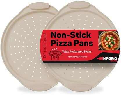 Non-Stick Pizza Pan with Silicone Handle 2 Pack, 13 Inch Round Carbon Steel Tray with Perforated Holes, Dishwasher & Oven Safe Up To 450°F, PFOAPFOSPTFE Free, Durable Nonstick White Marble Coating