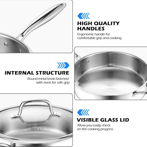 E-far 12 Inch Deep Frying Pan with Lid, 6 Quart Tri-Ply Stainless Steel Saute Pan, Kitchen Skillet, Healthy Non-toxic Cooking Pan for Induction Ceramic Gas Stoves, Heavy Duty, Oven & Dishwasher Safe