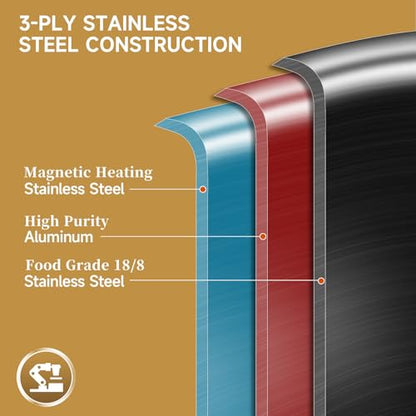 Inqibee 13 Inch Stainless Steel Paella Pan with Lid, Large Frying Pan Skillet with Double Riveted Handles, Wide Shallow Paellera for Stovetop, Induction Compatible, Oven Safe, Dishwasher Safe