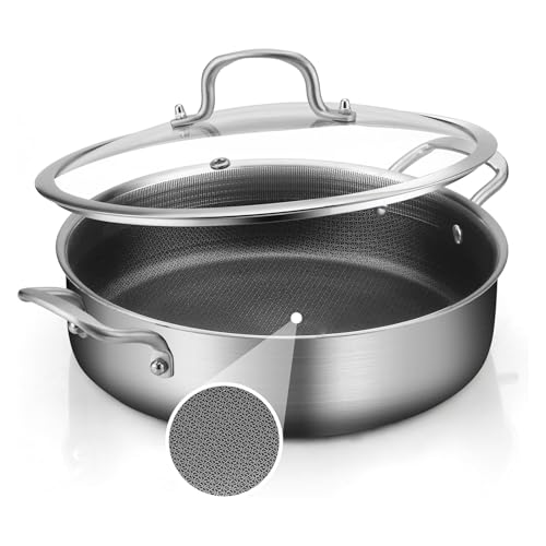 Yeksum Tri-Ply Stainless Steel 5 Quarts Saute Pan, 12.5 Inch Nonstick Skillet with lids, Hybird Large Frying Pan,18/10 Chef's Cooking Pan, Induction Pan, Dishwasher and Oven Safe