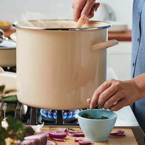 Rachael Ray Enamel on Steel Stockpot with Lid, Induction Suitable, 12 Quart, Almond Cream