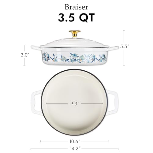 CAROTE 3.5QT Shallow Dutch Oven, Enameled Flora Cast Iron Braiser Pan Casserole Skillets with Lid, Versatile Heavy-Duty Cookware for Sourdough Bread Baking, Braising, Stews, Roasting, All Stovetop Compatible, Oven Safe up to 500° F, White & Blue